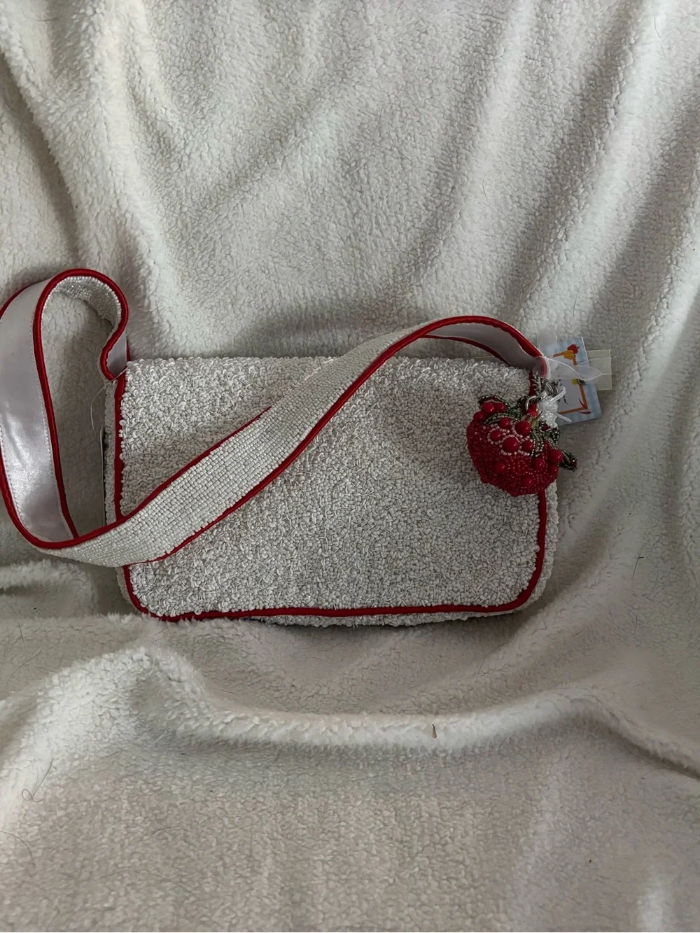 Beaded Tomato Motif Crossbody Bag - White & Red